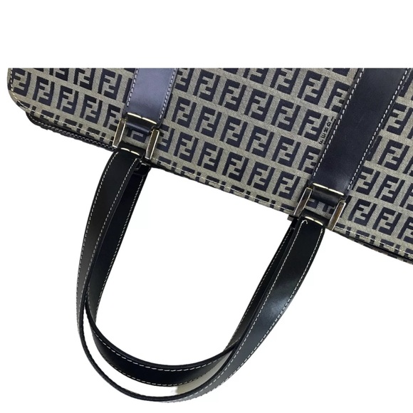 Fendi VINTAGE Boston Bag Zucchino Pattern Gray and Navy Blue Authentic - Picture 7 of 17